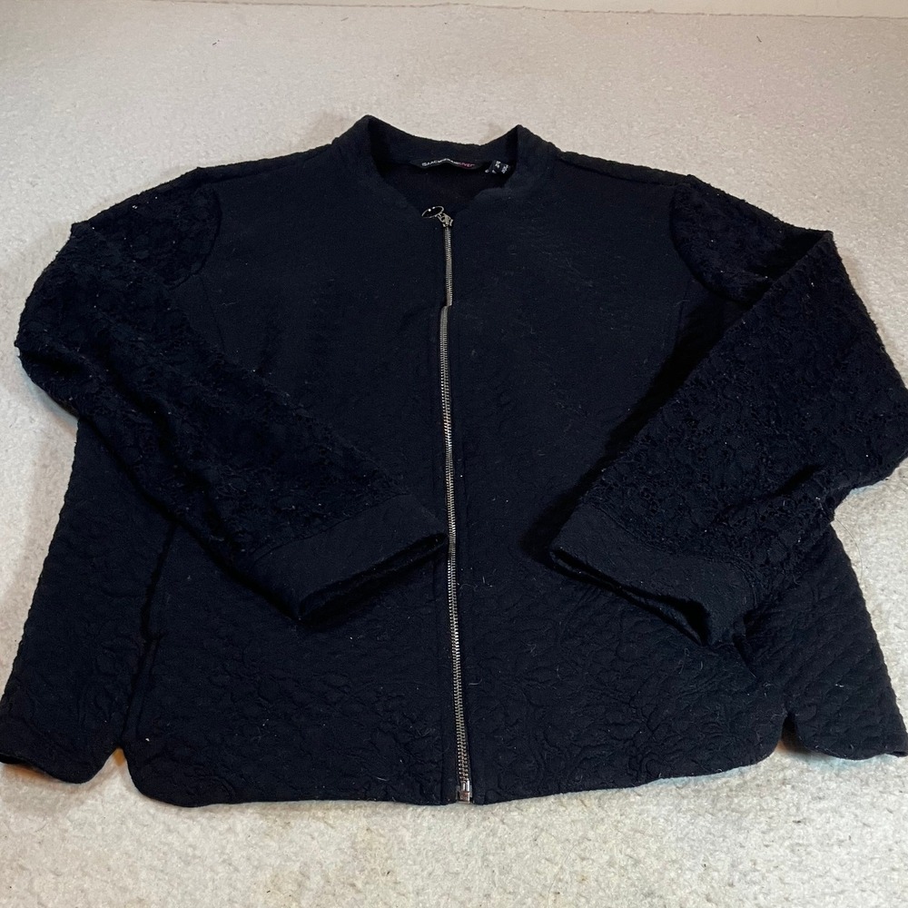 Isaac Mizrahi Live Black Lace Sleeve Zip Front Quilted Sweater Jacket Large